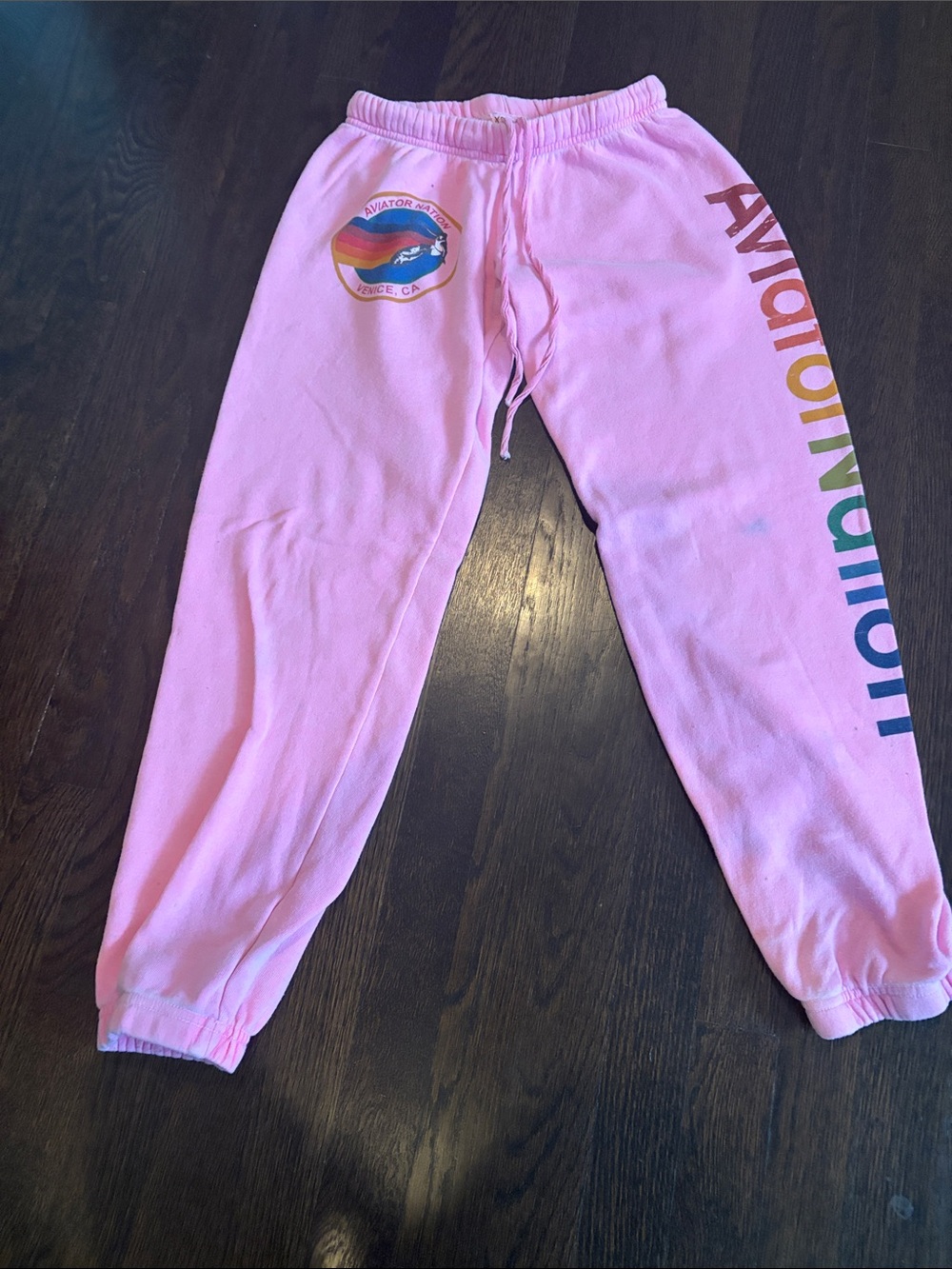 Aviator Nation Pink Sweatpants with Rainbow Logo and Side Stripe